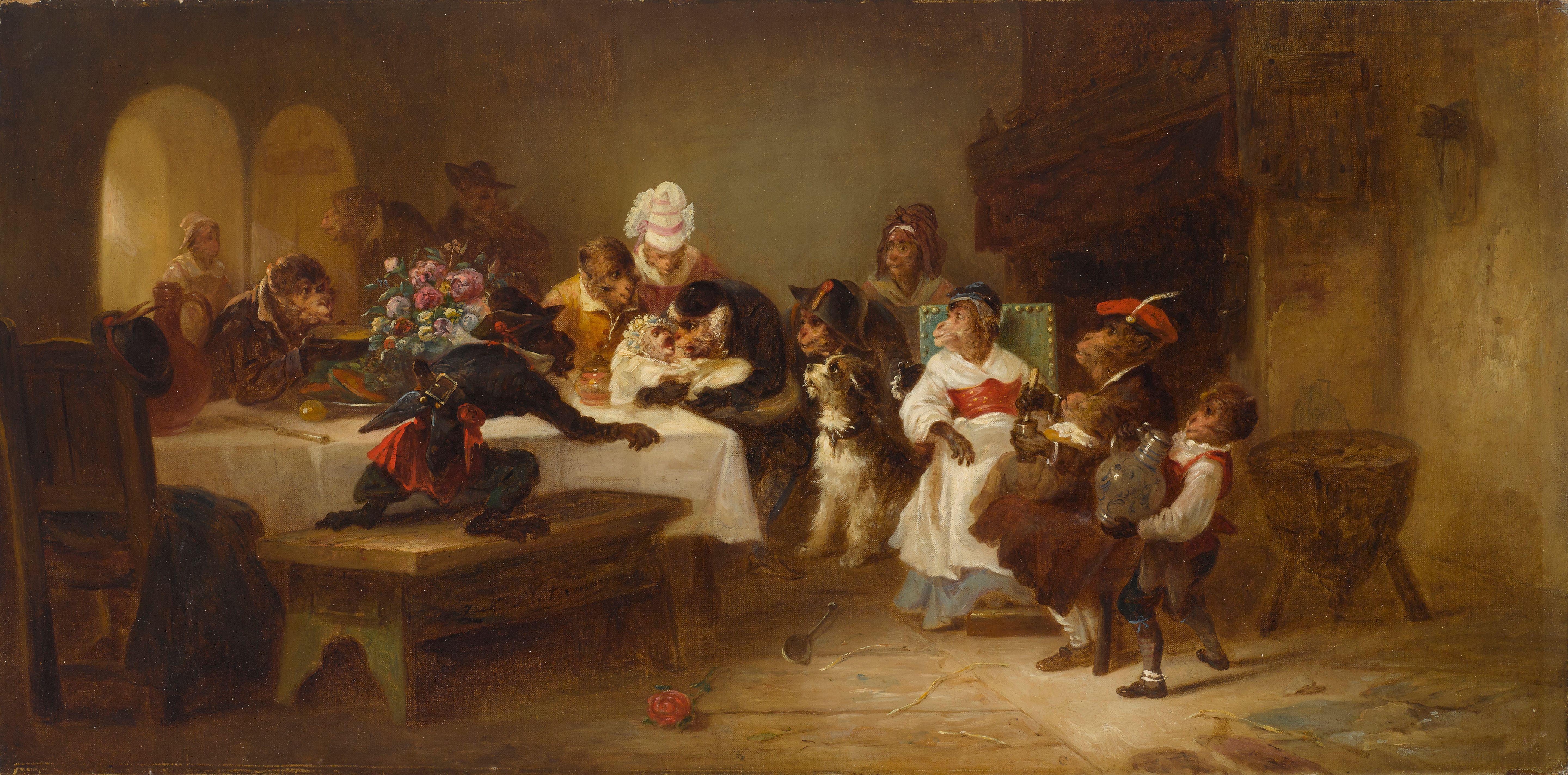 Zacharias Noterman - A monkey wedding; A monkey christening (a pair)