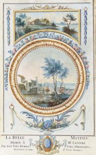 Zacharie-Félix Doumet - Design for a trompe l\'oeil wall decoration with two landscape vignettes set in garlanded panels
