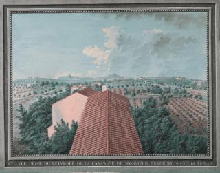 Zacharie-Félix Doumet - The roofs of a villa overlooking orchards and vineyards, hills in the distance; and Figures in a kitchen garden, vineyards and hills beyond