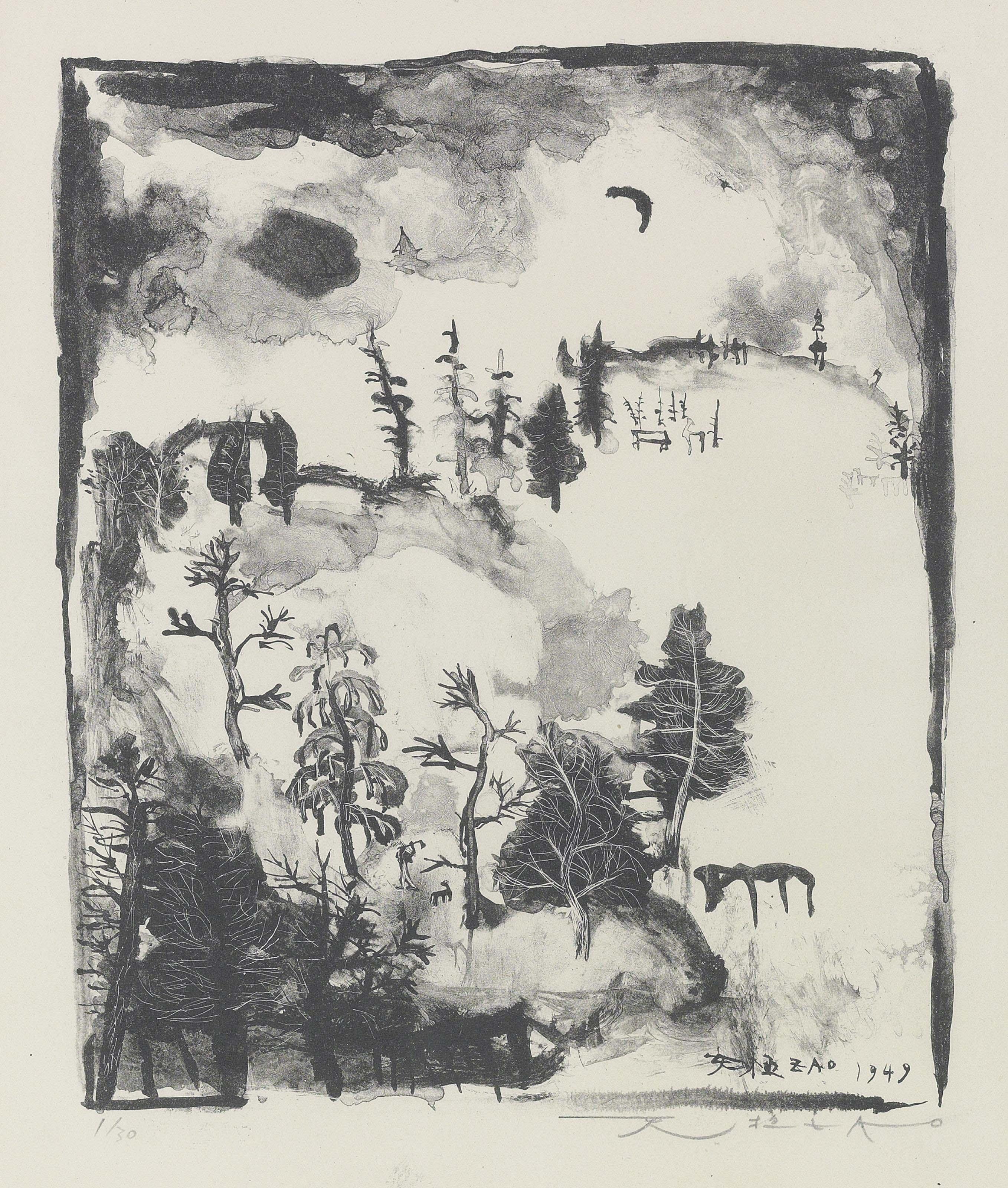 Zao Wou-Ki - Paysage Au Croissant De Lune (J. 3; A. 7)