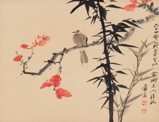 Zhang Daqian - Bird Perching on a Red-leaf Branch, 1975