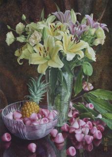 Zhang Meili - Still Life With Lilies And Fruits
