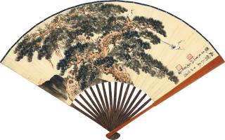 Zheng Wuchang - Pine Trees With Cranes And Calligraphy