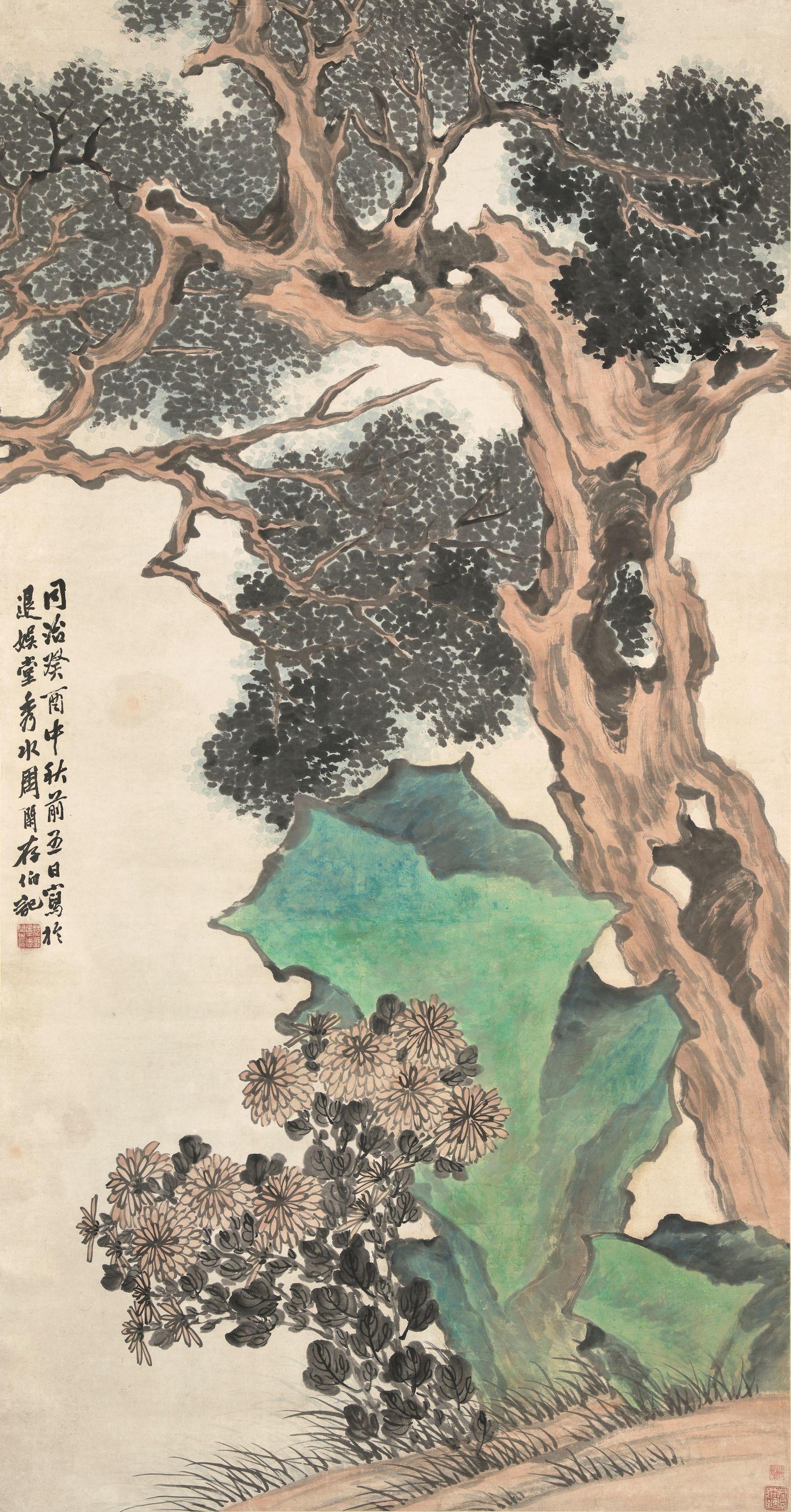 Zhou Xian - Rock, Cypress and Chrysanthemum, 1873