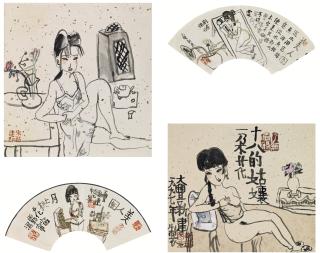 Zhu Xinjian - Buddha-Nature, Peach Blossoms In The Moonlight, Pretty Girl, Untitled (4 Works)