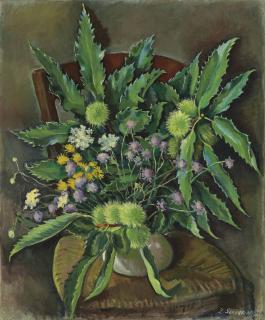 Zinaida Serebriakova - Still life with sweet chestnut, field scabious, ground elder and black salsify