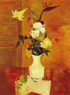 Zoma Baitler - Bodegon con flores y manzana
